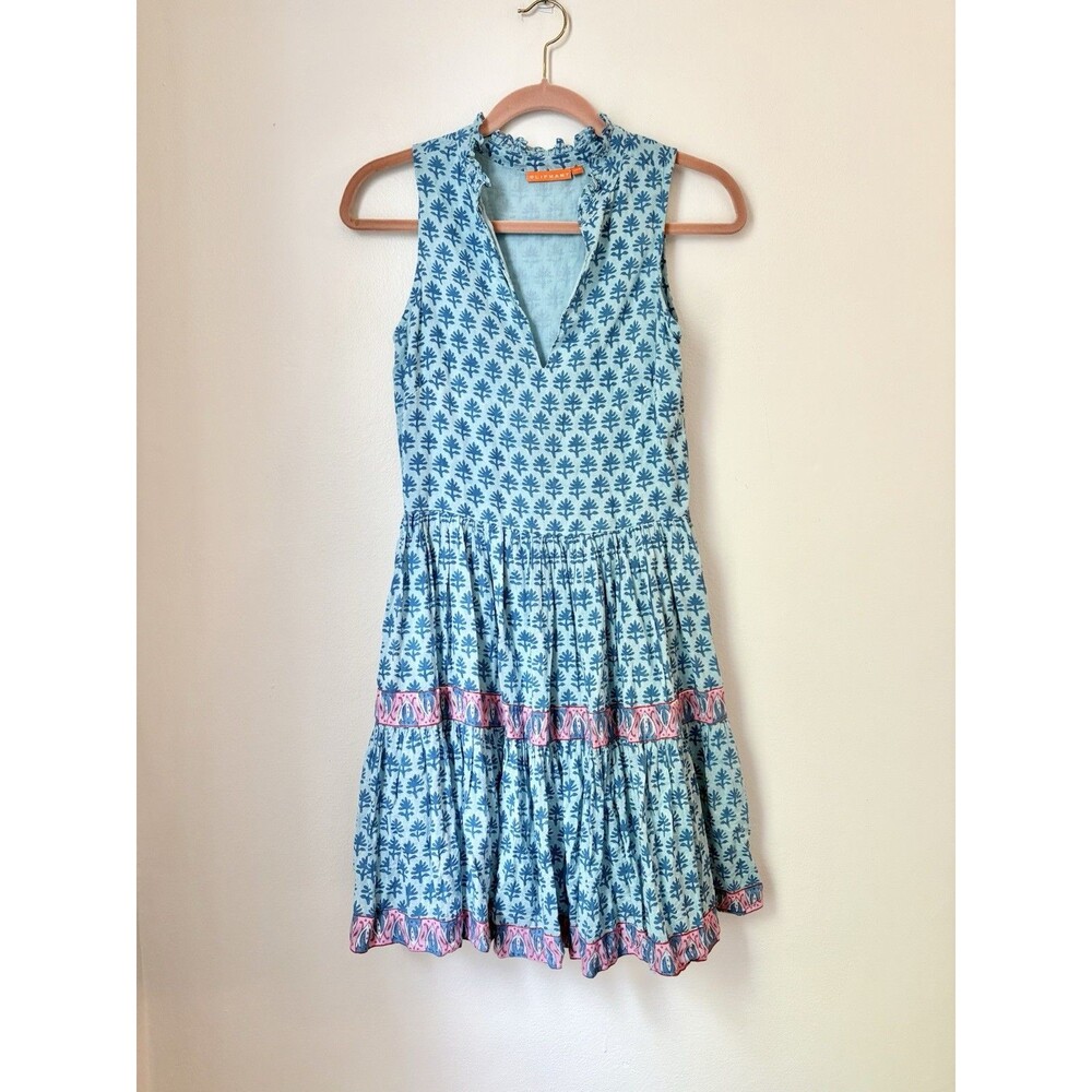 Oliphant Flirty Mini Dress XXS Blue Tiered Sleeveless V-Neck Gauze Boho Beach - Picture 2 of 15